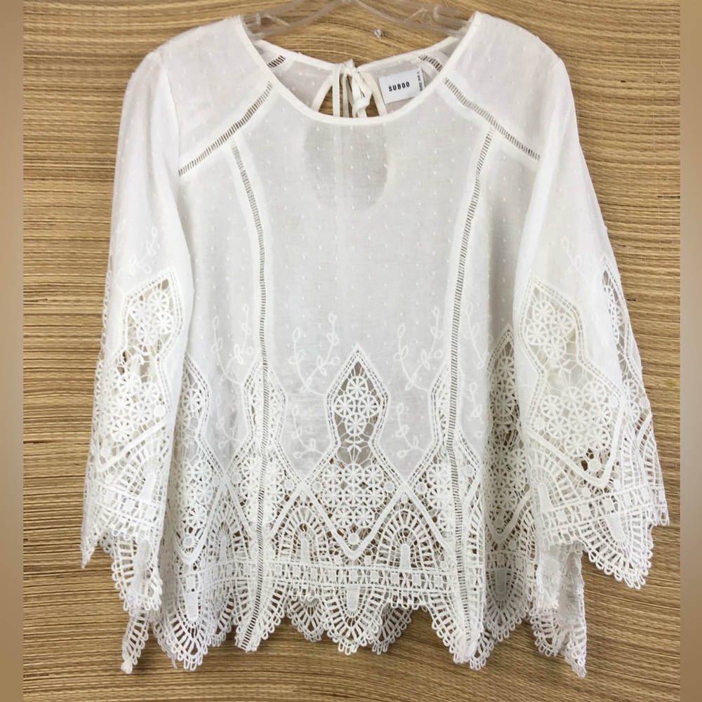 SUB00 Australia 100% Cotton Lace Butterfly Sleeve Top Blouse Size L - Picture 4 of 11